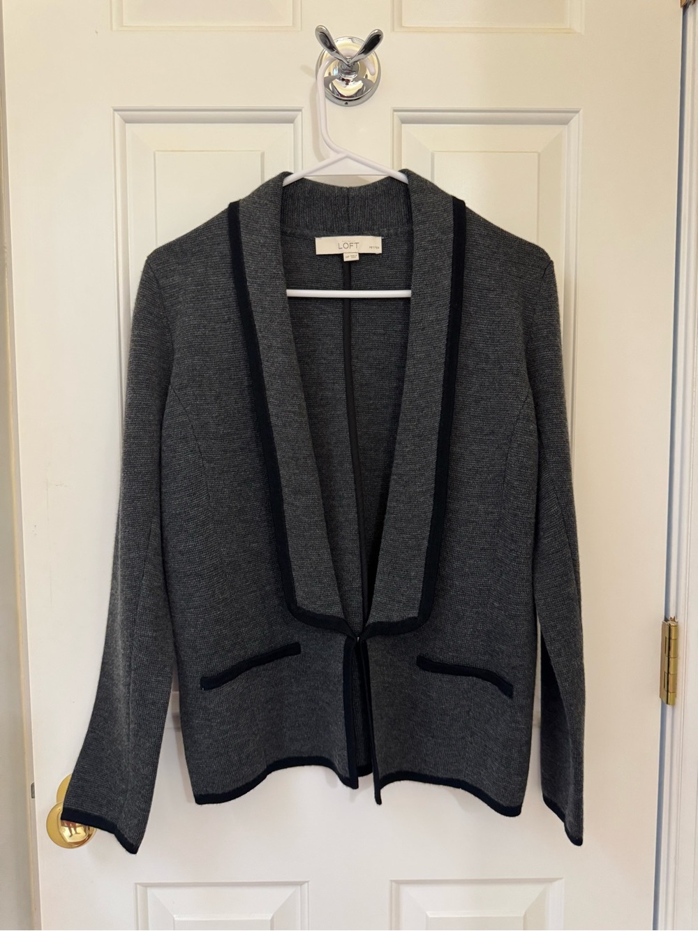 LOFT Gray Open-Front Blazer Cardigan with Black Trim